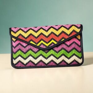 Multicolor Chevron Woven Straw Envelope Clutch Bag Black Trim Zigzag Summer Boho